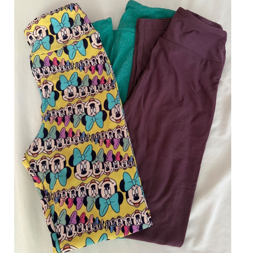 LuLaRoe Tween Leggings Bundle 3pk Minnie Mouse Purple Teal Green Stretch NWOT